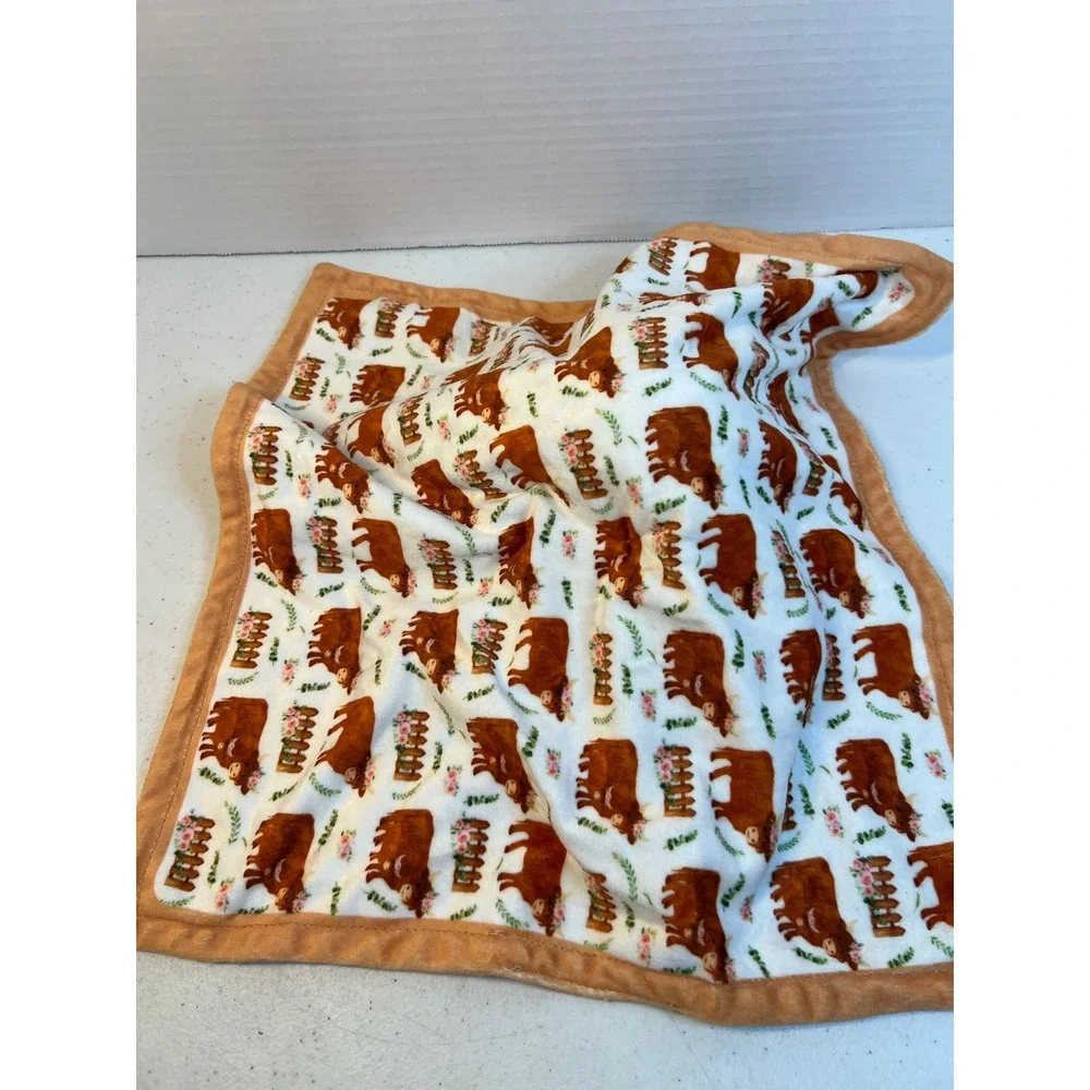 Highland Cow Baby Security Blanket Lovey Pink Floral Crown Rust Brown 14x14
